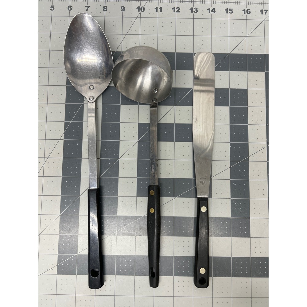Vintage Kitchen Utensils Stainless Steel Riveted 3pc Flint Spoon‎ Ladle Spatula